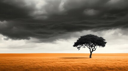 Obraz premium Lone tree stands in a golden field under dramatic storm clouds, AI