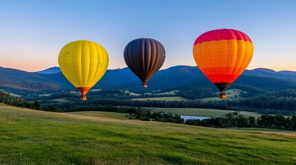 Obraz premium Colorful Hot Air Balloons Floating Over Scenic Valley at Dawn