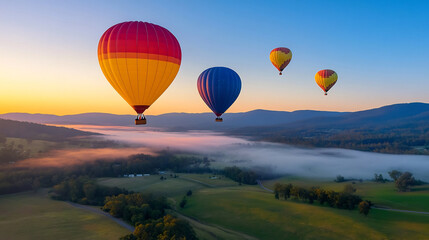 Obraz premium Majestic Hot-Air Balloons Drifting Over Scenic Misty Valley at Dawn