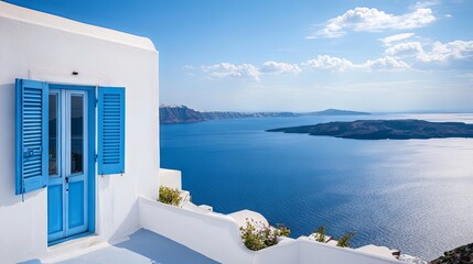 Fototapeta premium Stunning View of the Aegean Sea from a Whitewashed Greek House