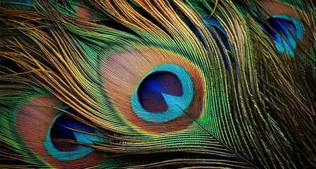 Fototapeta premium Close-up of the peacock feather pattern with a creative abstract texture, top down view