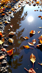 Autumn leaves orange gold puddle reflection serene nature photography fall season 