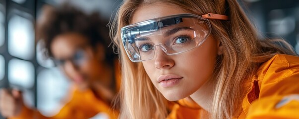 Diverse Team Brainstorming with Augmented Reality Glasses Innovative Collaborative Tech Workspace, Dynamic Composition for Modern Problem Solving High-Tech Professionals Collaborating on Futuristic