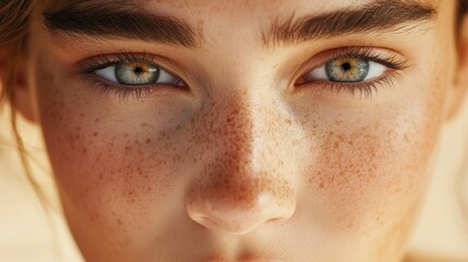 Obraz premium Close-up of a woman's freckled face with striking green eyes, AI