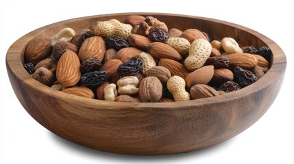 A rustic wooden bowl brimming with a colorful assortment of nuts, including almonds, peanuts, and a mix of raisins, creating a tempting snack display.