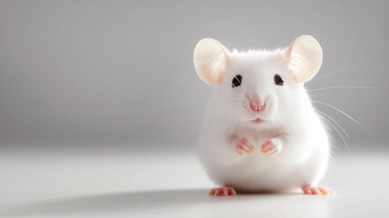 Cute white mouse with pink ears and whiskers on soft grey background