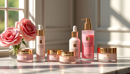 Luxury skincare products pink gold aesthetic beauty selfcare pampering
