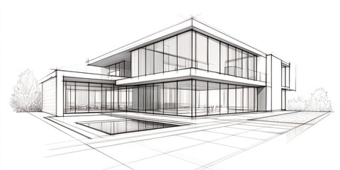 A minimalist architectural sketch of a contemporary building highlights sleek lines, glass panels, and a roof. It focuses on open space, clean geometry, and minimal landscaping with trees and shrubs.