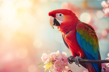 Obraz premium parrot on flowers branch at nature background