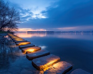 Glowing stepping stones leading across a serene lake at twilight, symbolizing incremental objectives and the journey to success Each illuminated stone represents a milestone achieved, guiding the
