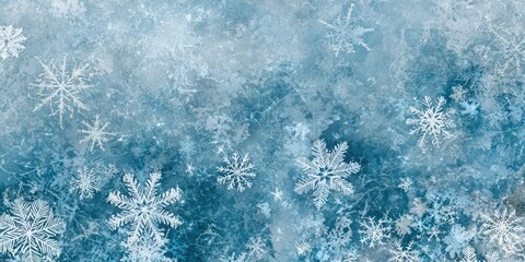 Fototapeta premium Icy blue and white snowflakes in various shapes drifting through a chilly, light blue background, symbolizing winter.