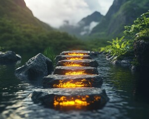 Glowing Stepping Stones Across a Serene Lake A Visual Metaphor for Incremental Goals, Achieving Success Step by Step, Illuminated Path to Success, Journey of Progress, Spiritual Growth, Peaceful