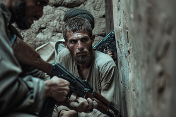 Generative AI art portrait of bandit burglar criminal terrorist world concept with killing kidnapping people