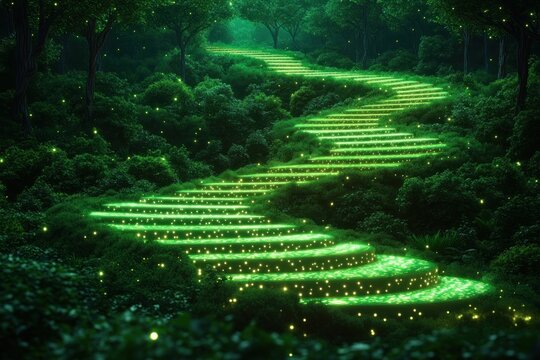 Luminous Forest Path Abstract Art of Glowing Trees, Illuminated Pathways, Symbolic of Nature's Guidance, Mystical Forest Scene, Enchanted Woods, Bio-luminescent Trees, Fantasy Landscape, Digital