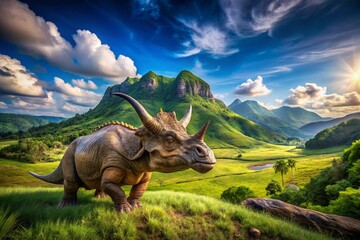 Fototapeta premium Majestic Triceratops Roaming Through Verdant Fields Under a Blue Sky – A Stunning Architectural Photography Composition Showcasing Nature and Prehistoric Life