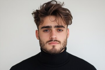 Obraz premium Young man poses confidently in black turtleneck sweater against a light background showcasing modern casual style