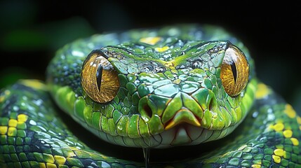 Fototapeta premium Closeup of vibrant green snake with striking yellow eyes and intricate scale patterns, intense reptile gaze