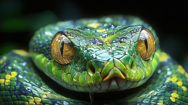Closeup of vibrant green snake with striking yellow eyes and intricate scale patterns, intense reptile gaze