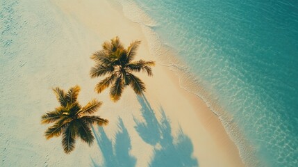 Aerial view of a serene sandy beach featuring vibrant palm trees with soft shadows amidst crystal-clear turquoise waters, capturing a tropical paradise.