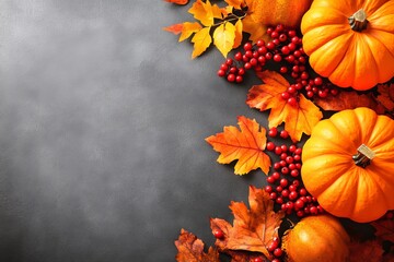 An autumnal concept with berries, pumpkins and leaves. Composition with copy space.