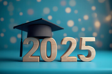 Class of 2025 concept. Wooden number 2025 with a graduate hat on a blue background with bokeh.Congratulatory banner.Freedom and Happy New Year. success in the future goal and passing time