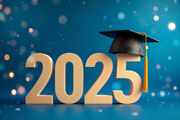 Class of 2025 concept. Wooden number 2025 with a graduate hat on a blue background with bokeh.Congratulatory banner.Freedom and Happy New Year. success in the future goal and passing time