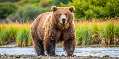 Obraz premium A majestic brown bear in Alaska, captured in its natural wilderness habitat. The bear, with its thick, shaggy brown fur, stands strong against the backdrop of Alaska’s rugged terrain.