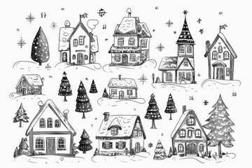 Fototapeta premium Pencil black and white drawing of snowy Christmas village with houses covered in snow, decorated fir trees and snowflakes. Simple line art illustration for Christmas time and winter holidays