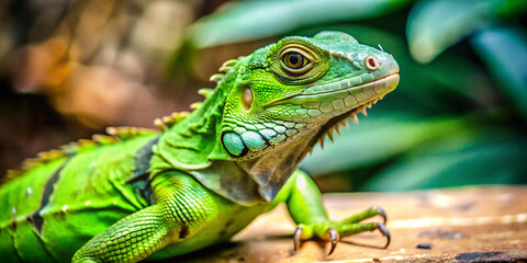 Obraz premium A close-up of a small green iguana, showcasing its vibrant scales and intricate textures. The iguana's bright green coloration is highlighted against a natural background