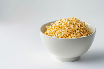 Bowl with plain cooked instant noodles on white background