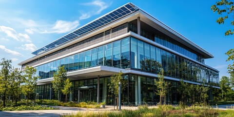 Obraz premium Modern commercial building with solar panels installed on the roof, seen from below.