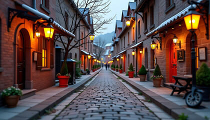 Fototapeta premium Cozy winter evening brick street warm orange lights red doors peaceful atmosphere Christmas holiday 