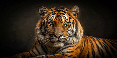 Fototapeta premium A striking image of a tiger set against a black background, emphasizing its powerful presence and majestic beauty. 