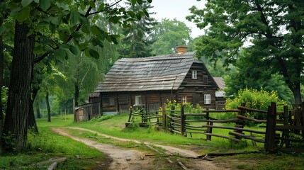 Obraz premium A picturesque farmhouse with a rustic wooden exterior surrounded by trees.