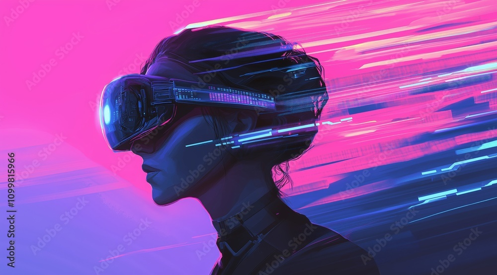 Poster girl in hi-tech vr glasses with elements of artificial intelligence. background in a high-tech style