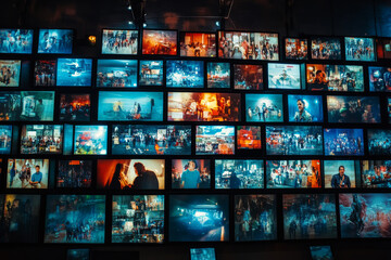 Large wall of illuminated digital screens displaying various images in dark room. Television addiction. Manipulation of people with the help of mass media. Entertainment and streaming content
