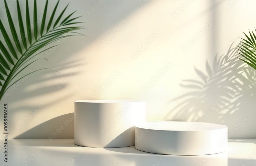 Aufkleber empty white display podiums. minimalist style. natural sunlight casts shadows. plant shadow on backg