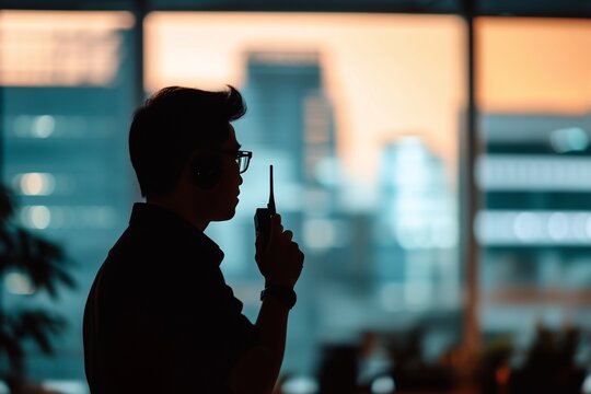 Silhouette of a man holding a walkie-talkie in his hand, standing against a window in a conference hall, with people sitting in the background