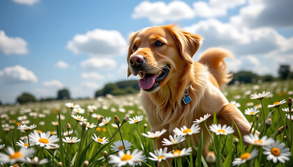 Golden retriever dog, daisies field, gold fur white petals, joyful summer pet happiness 
