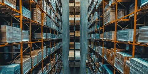 Fototapeta premium Overhead view of a logistics warehouse, showcasing the organized aisles filled with goods.