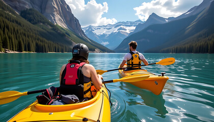 Yellow kayaks, teal water, mountain backdrop  Summer adventure, freedom, serenity 