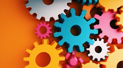 Abstract visualization of social justice with a balanced arrangement of variously colored, interconnected gears smoothly rotating in a clean space, Photo of