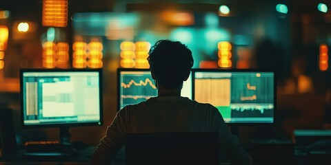 Person analyzing market data on a trading terminal in a dimly lit office.