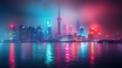 Fototapeta premium Majestic Night View of Shanghai Skyline with Colorful Lights and Fog