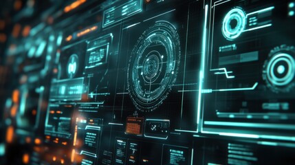 Fototapeta premium Digital dashboard showing quality control icons like secure systems, verified stamps, and precise measurement tools