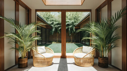 Obraz premium serene minimalist interior featuring two rattan chairs and lush greenery, creating tranquil atmosphere. Natural light floods space, enhancing elegant design
