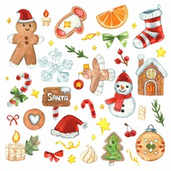 Fototapeta premium Christmas watercolor decoration clip art.
