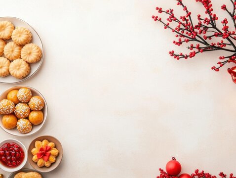 A Lunar New Year dessert table featuring golden pineapple tarts, sweet sesame balls, and flowershaped pastries, accented with festive decorations
