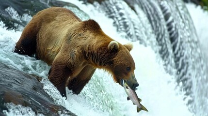 Fototapeta premium Grizzly bear catching salmon at waterfall in a natural habitat