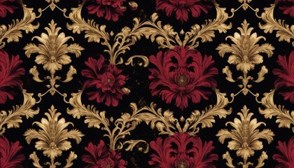 Fototapeta premium Opulent dark baroque floral pattern featuring rich textures and golden accents